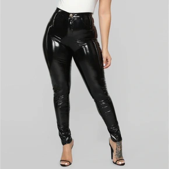 Fashion Nova Black Vinyl Latex High Waist Pants - Picture 1 of 8